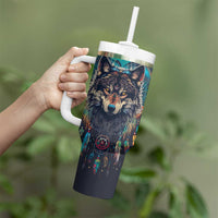 Native American Wolves Tumbler With Handle with Dream Catchers Feathers