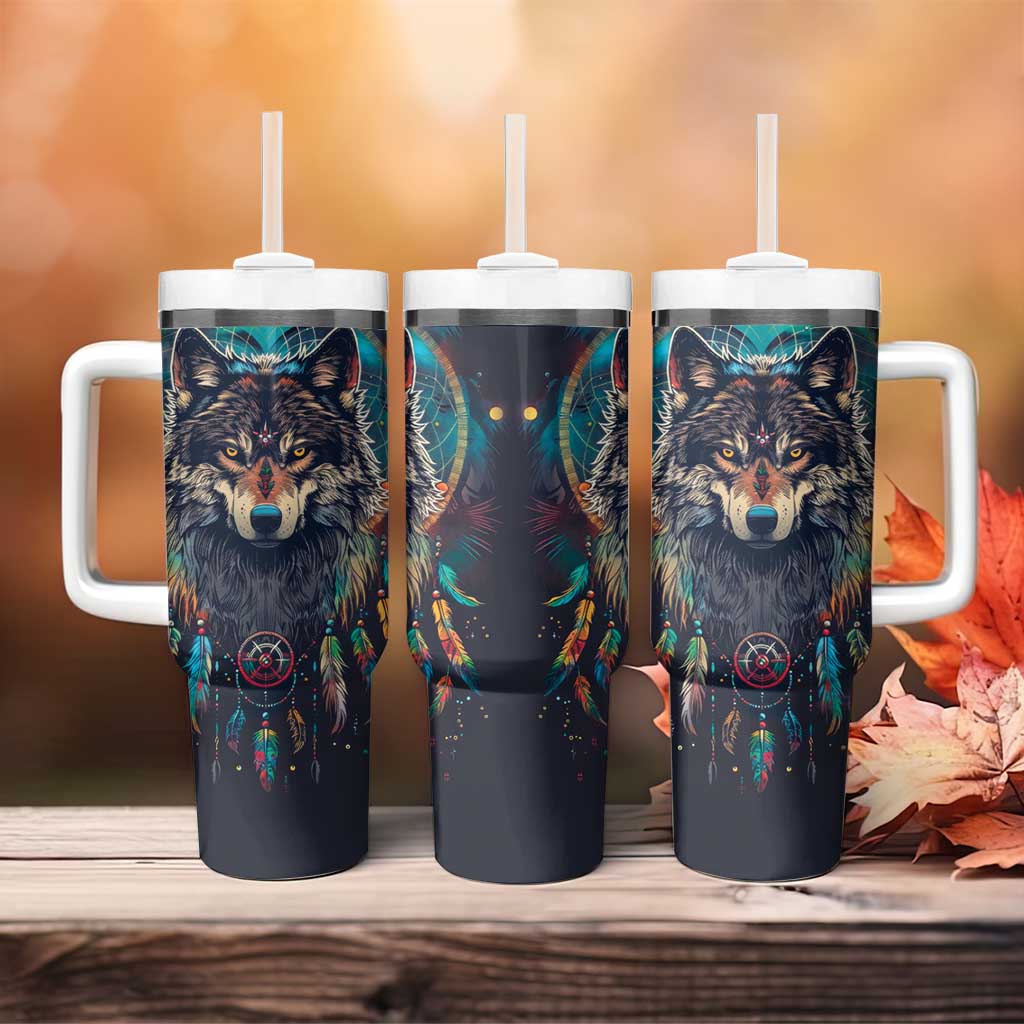 Native American Wolves Tumbler With Handle with Dream Catchers Feathers