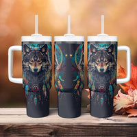 Native American Wolves Tumbler With Handle with Dream Catchers Feathers