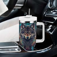 Native American Wolves Tumbler With Handle with Dream Catchers Feathers