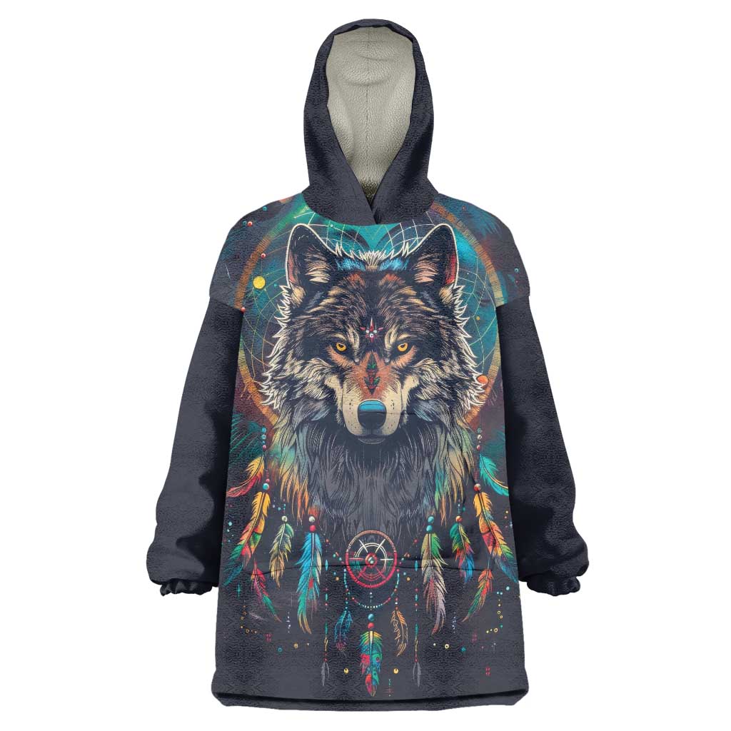 Native American Wolves Wearable Blanket Hoodie with Dream Catchers Feathers
