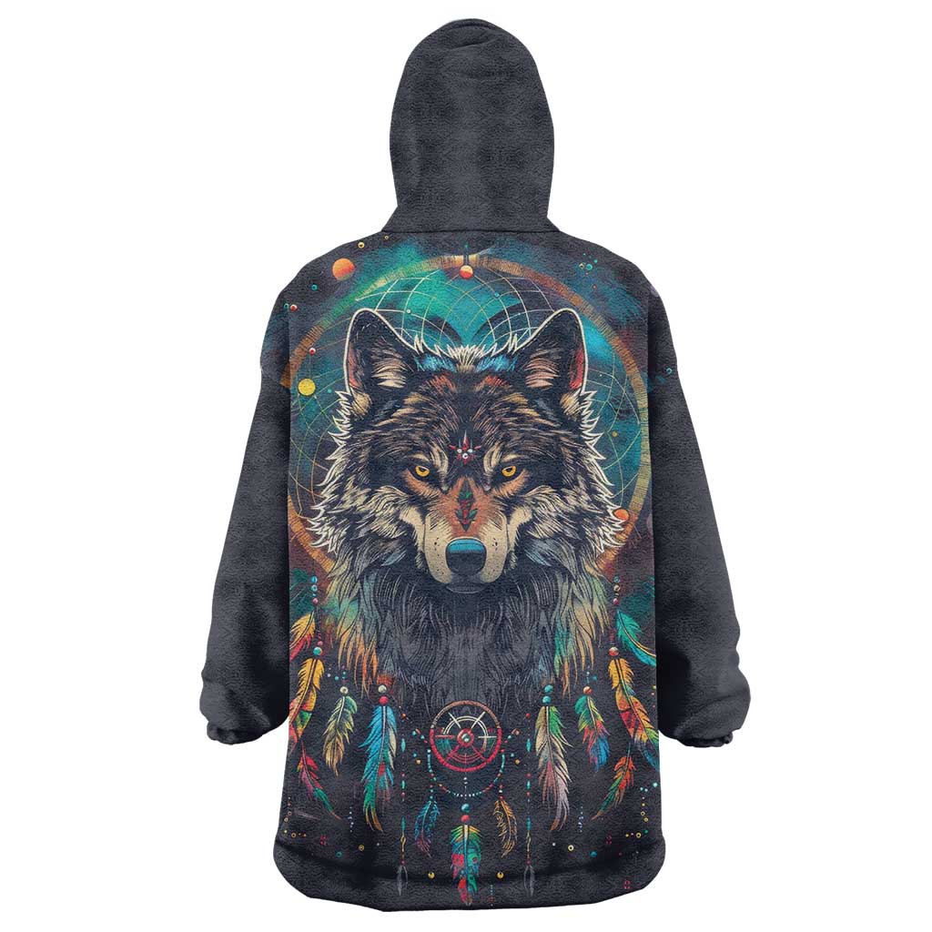 Native American Wolves Wearable Blanket Hoodie with Dream Catchers Feathers