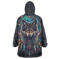 Native American Wolves Wearable Blanket Hoodie with Dream Catchers Feathers