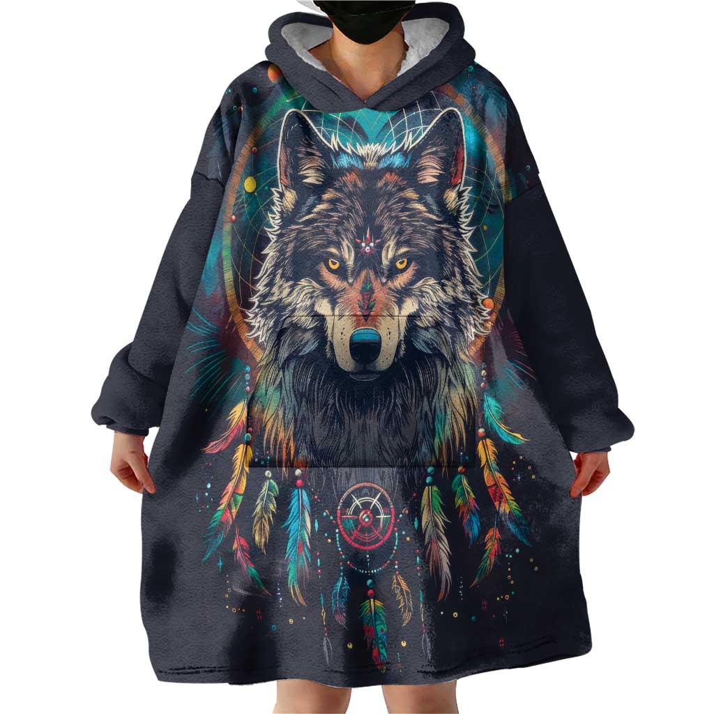 Native American Wolves Wearable Blanket Hoodie with Dream Catchers Feathers