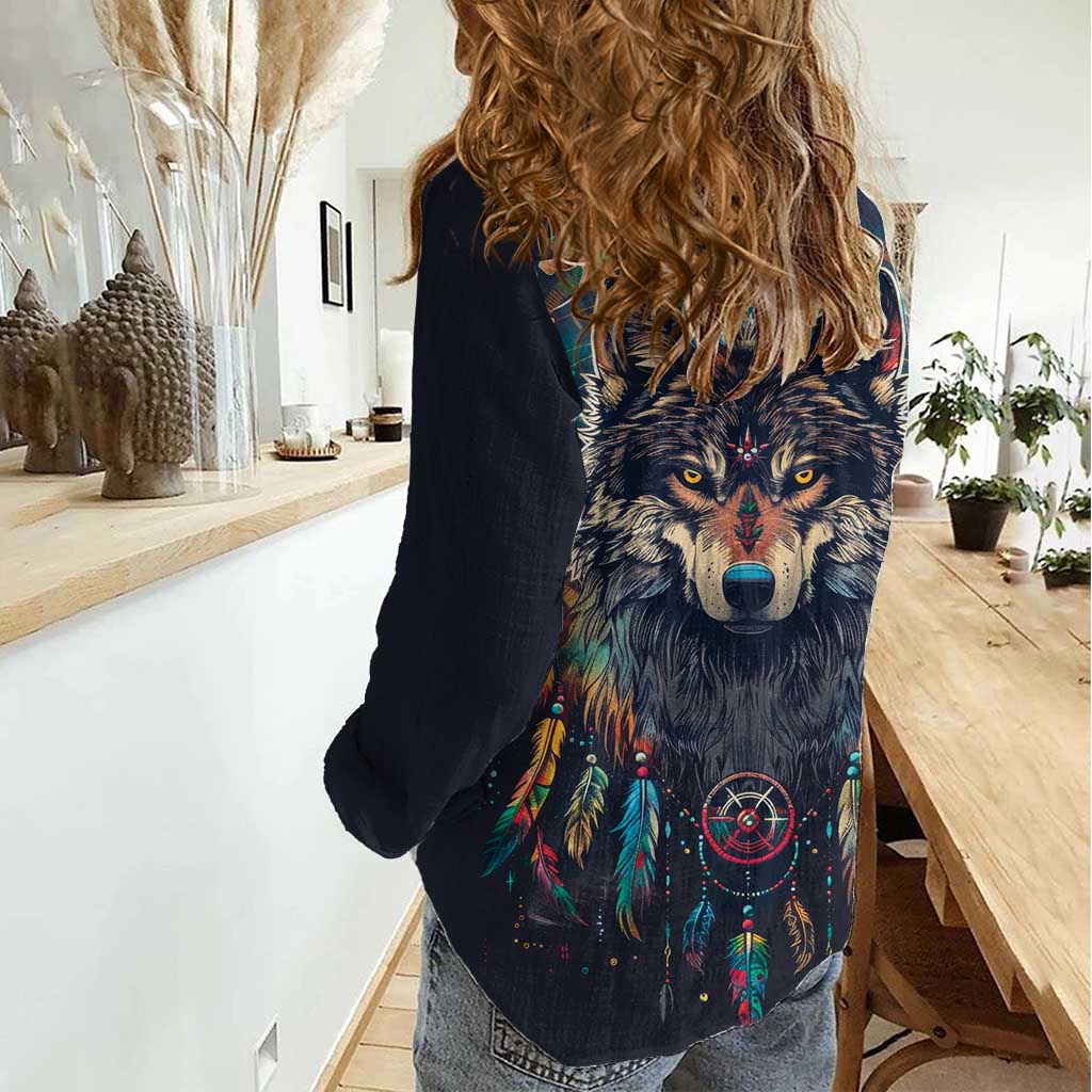 Native American Wolves Women Casual Shirt with Dream Catchers Feathers