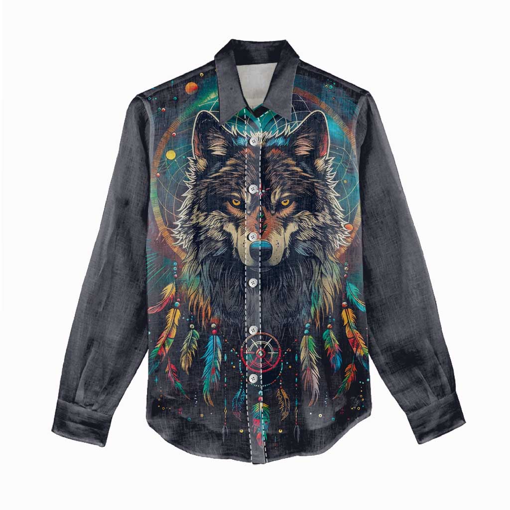 Native American Wolves Women Casual Shirt with Dream Catchers Feathers