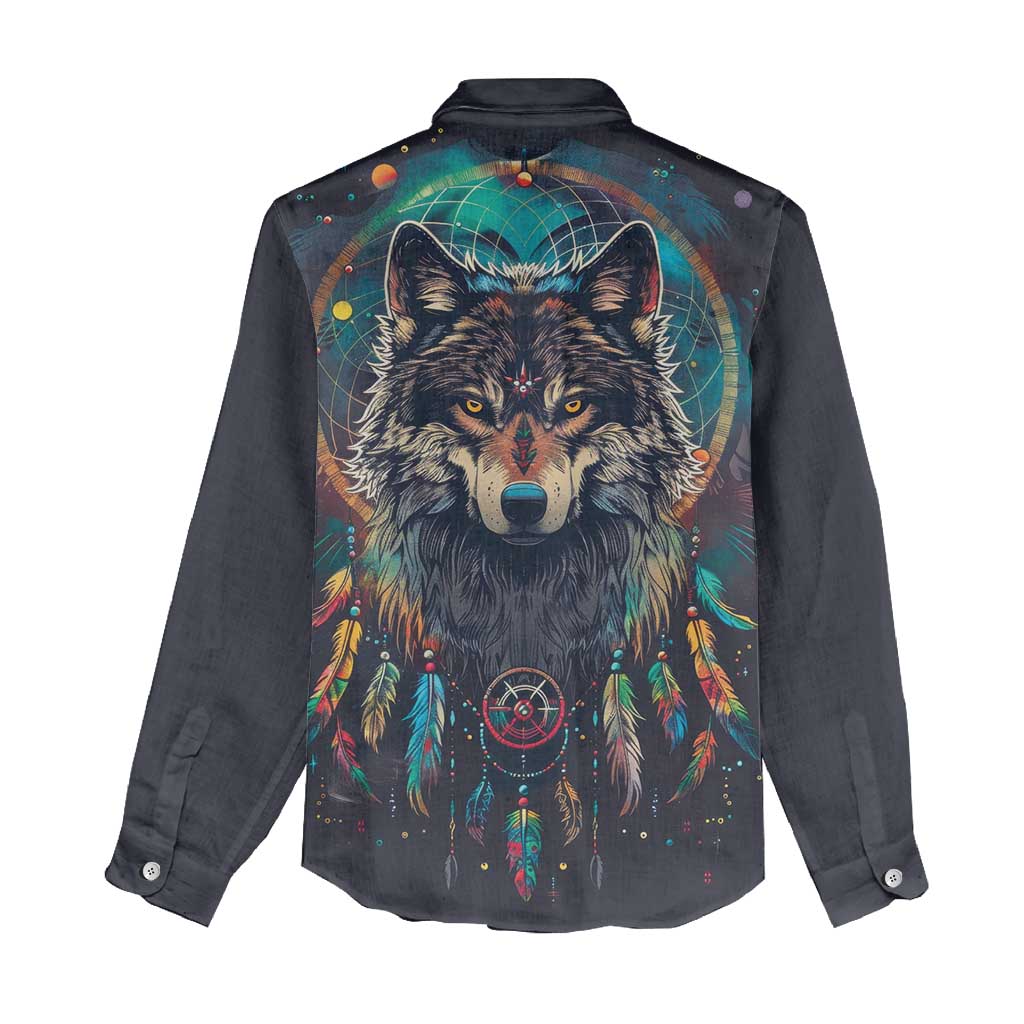 Native American Wolves Women Casual Shirt with Dream Catchers Feathers