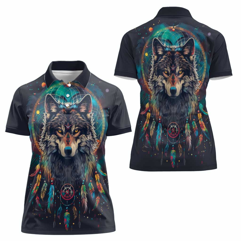 Native American Wolves Women Polo Shirt with Dream Catchers Feathers