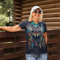 Native American Wolves Women Polo Shirt with Dream Catchers Feathers