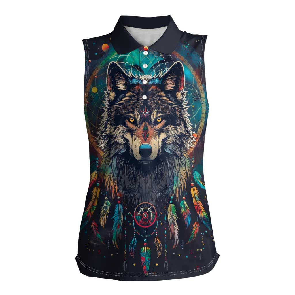 Native American Wolves Women Sleeveless Polo Shirt with Dream Catchers Feathers
