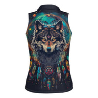 Native American Wolves Women Sleeveless Polo Shirt with Dream Catchers Feathers