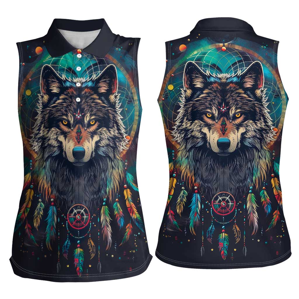 Native American Wolves Women Sleeveless Polo Shirt with Dream Catchers Feathers