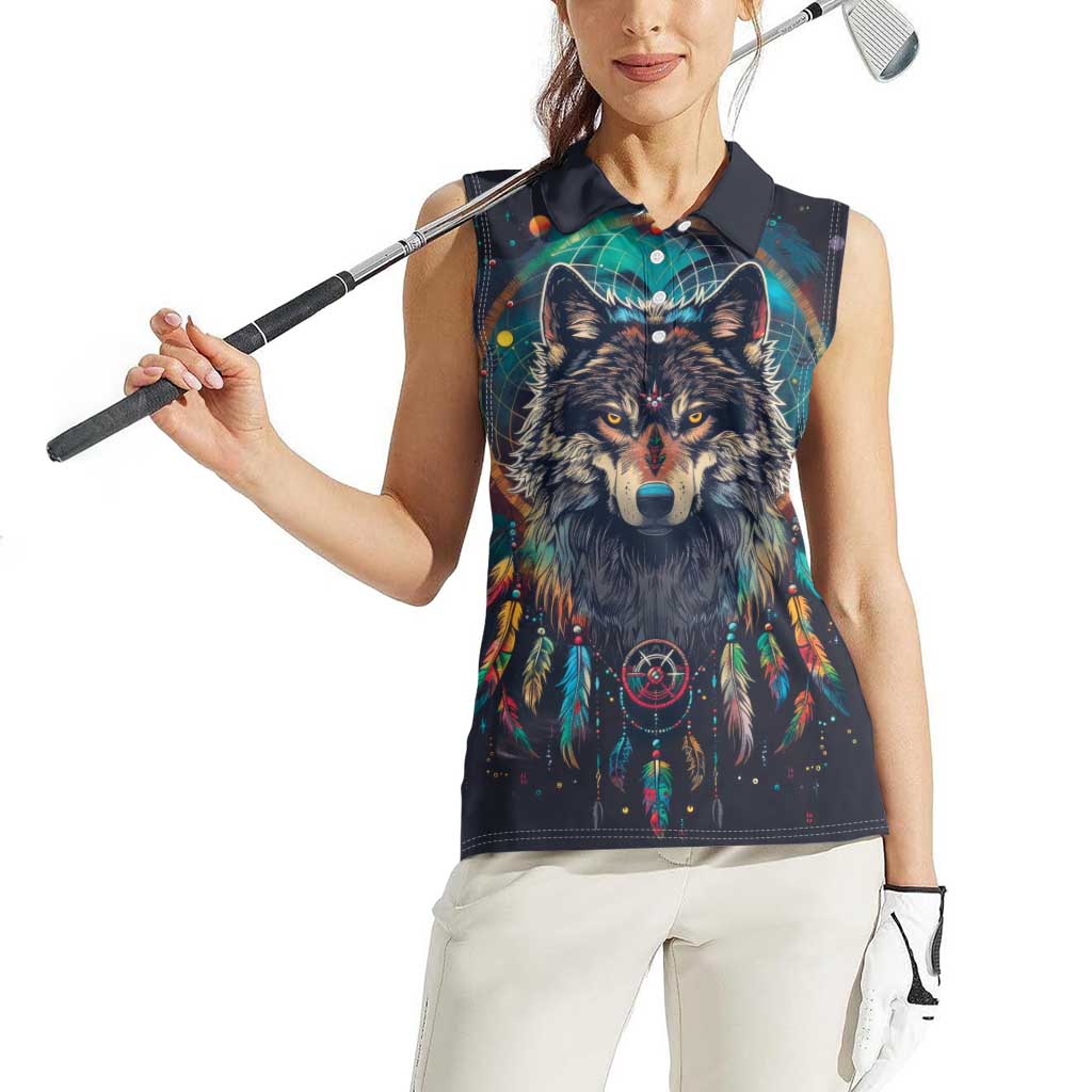 Native American Wolves Women Sleeveless Polo Shirt with Dream Catchers Feathers