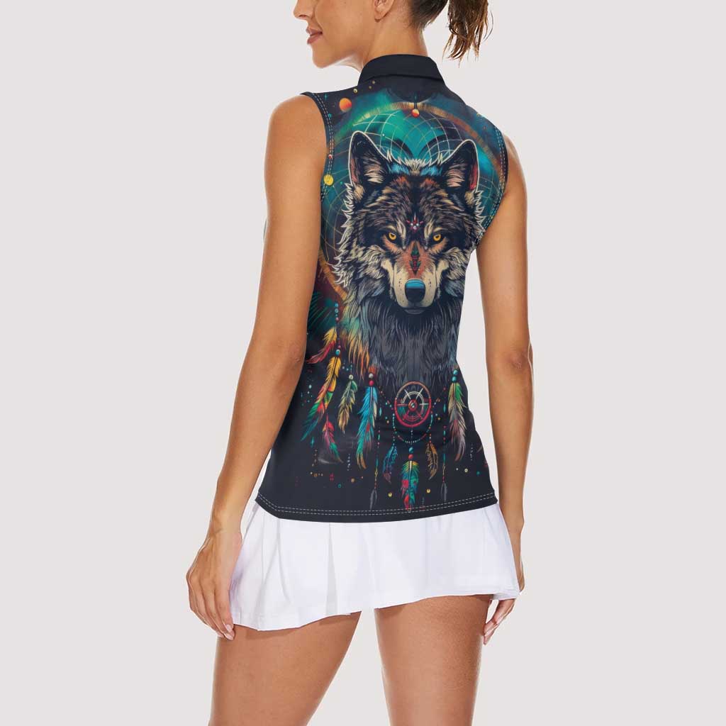 Native American Wolves Women Sleeveless Polo Shirt with Dream Catchers Feathers