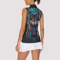 Native American Wolves Women Sleeveless Polo Shirt with Dream Catchers Feathers