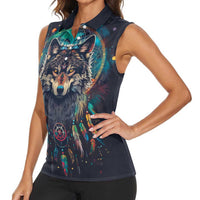 Native American Wolves Women Sleeveless Polo Shirt with Dream Catchers Feathers