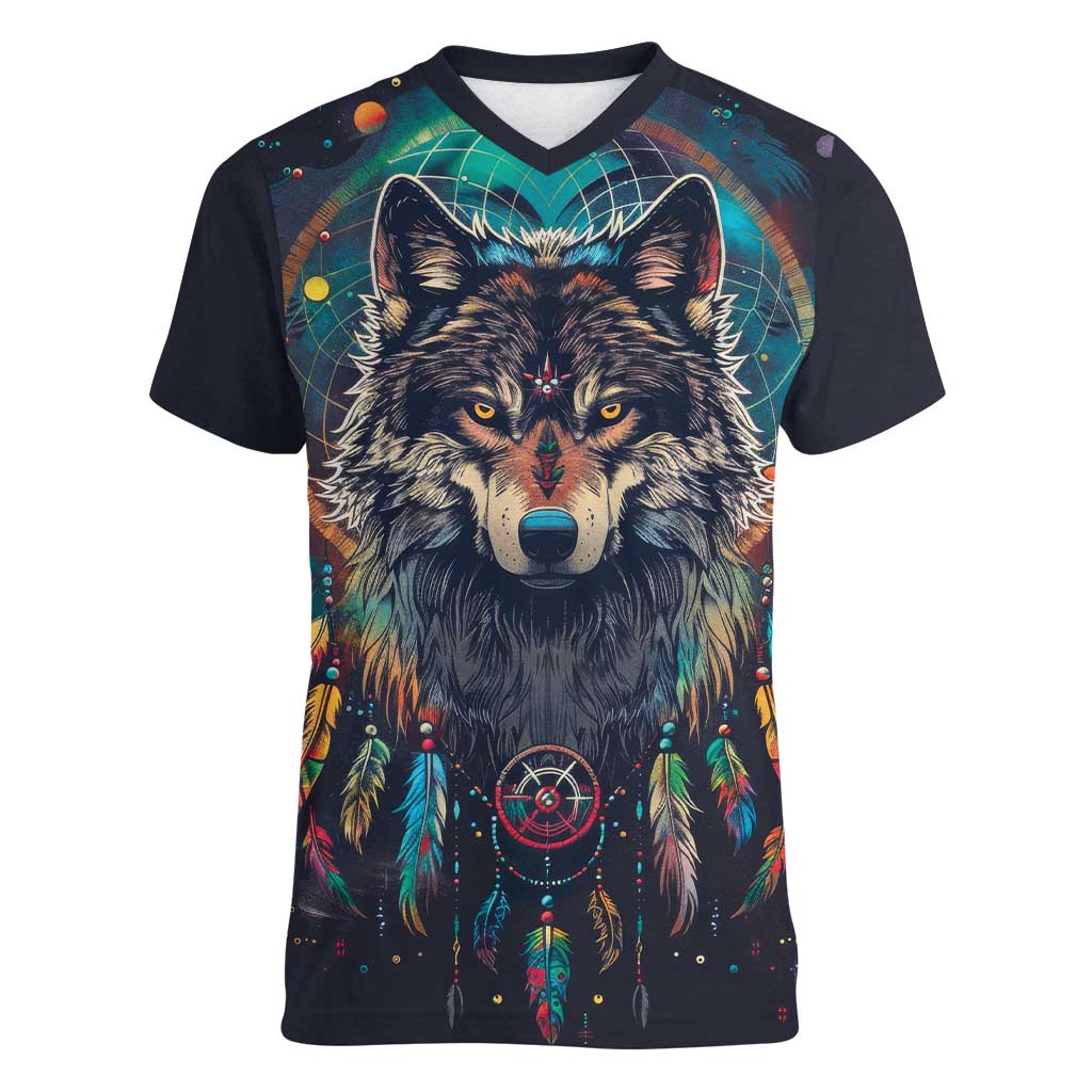 Native American Wolves Women V-Neck T-Shirt with Dream Catchers Feathers