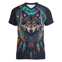 Native American Wolves Women V-Neck T-Shirt with Dream Catchers Feathers