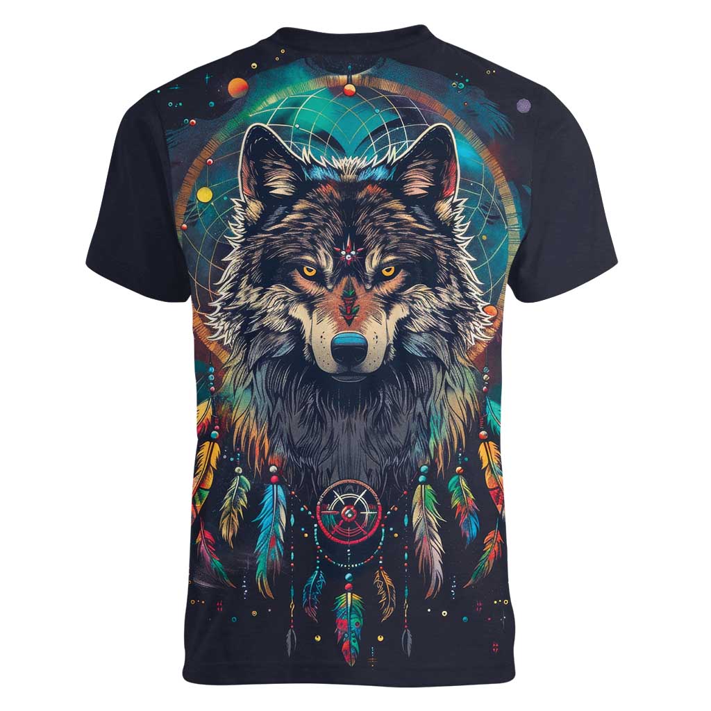Native American Wolves Women V-Neck T-Shirt with Dream Catchers Feathers