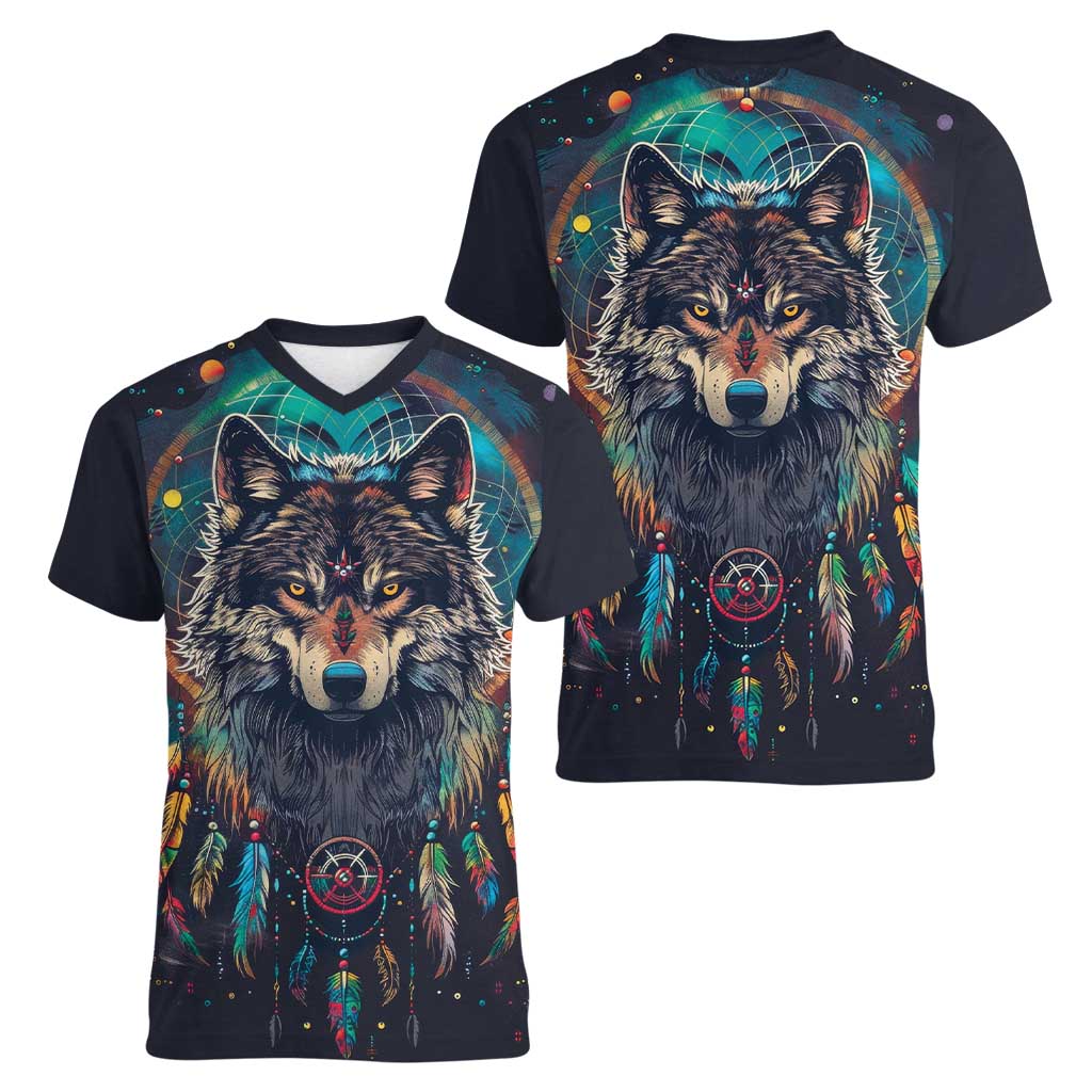 Native American Wolves Women V-Neck T-Shirt with Dream Catchers Feathers
