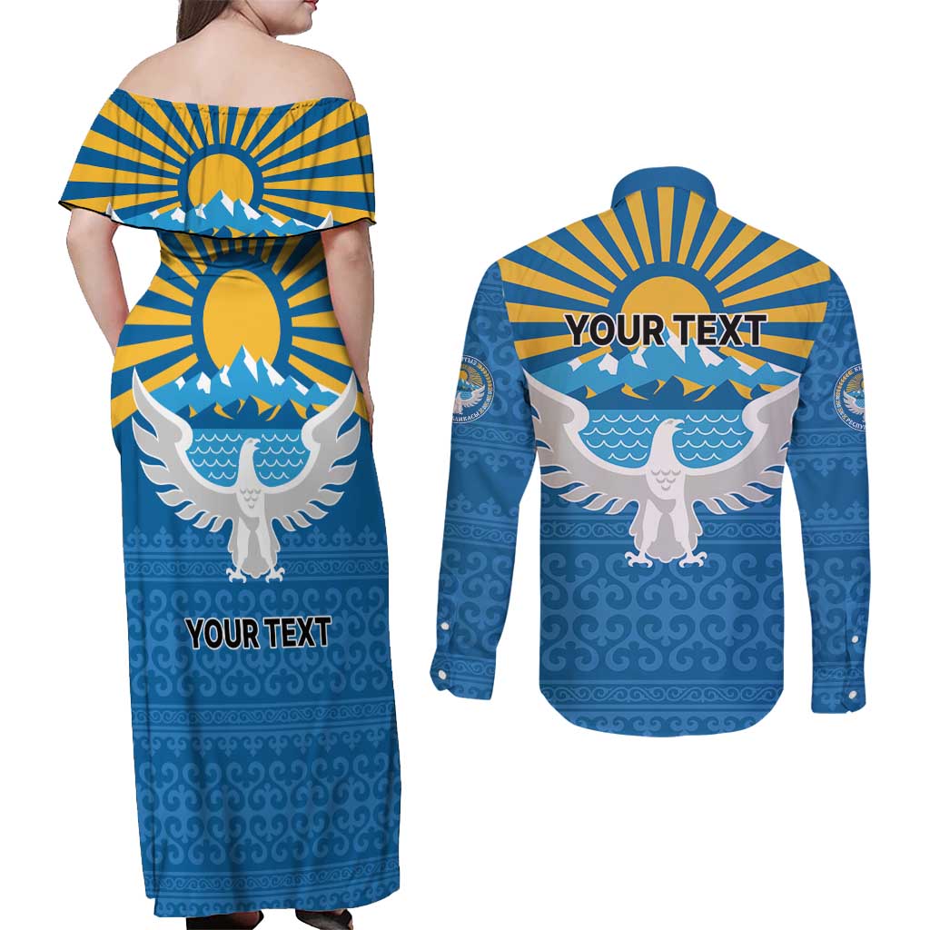 Kyrgyzstan Falcon Personalized Couples Matching Off Shoulder Maxi Dress and Long Sleeve Button Shirt Tian Shan Mountains Rising Sun