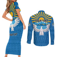 Kyrgyzstan Falcon Personalized Couples Matching Short Sleeve Bodycon Dress and Long Sleeve Button Shirt Tian Shan Mountains Rising Sun