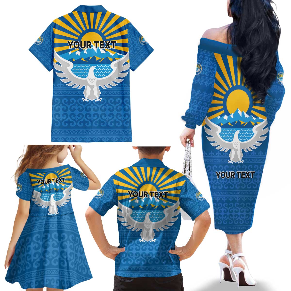 Kyrgyzstan Falcon Personalized Family Matching Off The Shoulder Long Sleeve Dress and Hawaiian Shirt Tian Shan Mountains Rising Sun