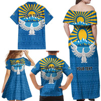 Kyrgyzstan Falcon Personalized Family Matching Off Shoulder Maxi Dress and Hawaiian Shirt Tian Shan Mountains Rising Sun