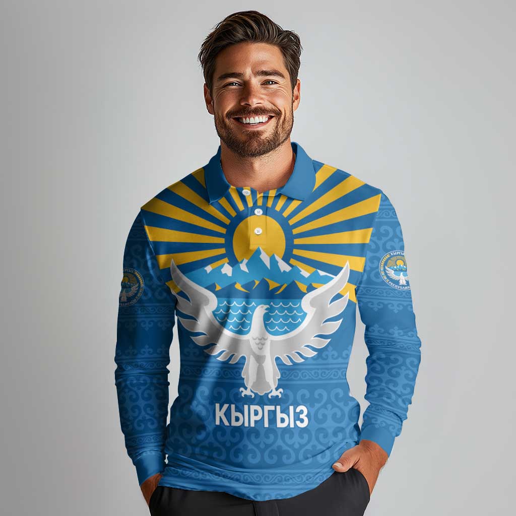 Kyrgyzstan Falcon Personalized Long Sleeve Polo Shirt Tian Shan Mountains Rising Sun