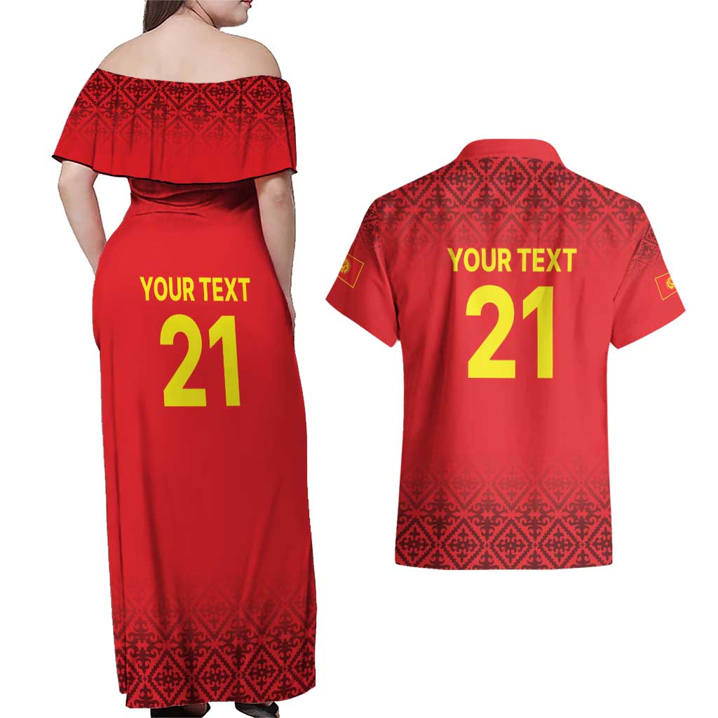 Kyrgyzstan Football Custom Couples Matching Off Shoulder Maxi Dress and Hawaiian Shirt Kazakh Pattern