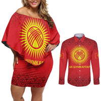 Kyrgyzstan Football Custom Couples Matching Off Shoulder Short Dress and Long Sleeve Button Shirt Kazakh Pattern