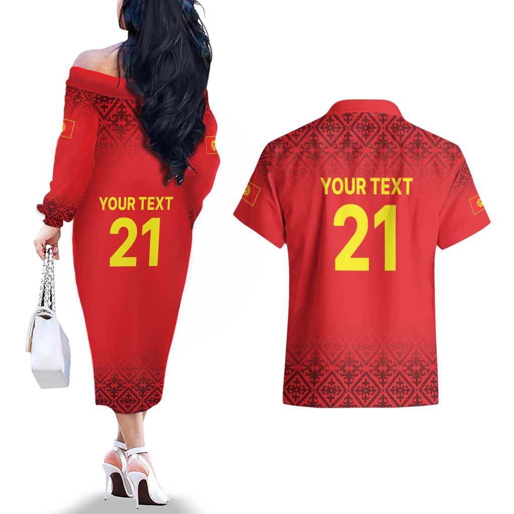 Kyrgyzstan Football Custom Couples Matching Off The Shoulder Long Sleeve Dress and Hawaiian Shirt Kazakh Pattern