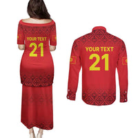 Kyrgyzstan Football Custom Couples Matching Puletasi and Long Sleeve Button Shirt Kazakh Pattern
