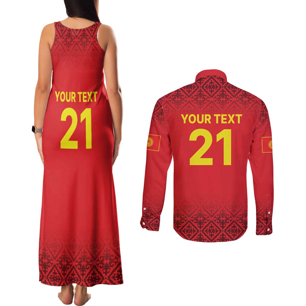 Kyrgyzstan Football Custom Couples Matching Tank Maxi Dress and Long Sleeve Button Shirt Kazakh Pattern