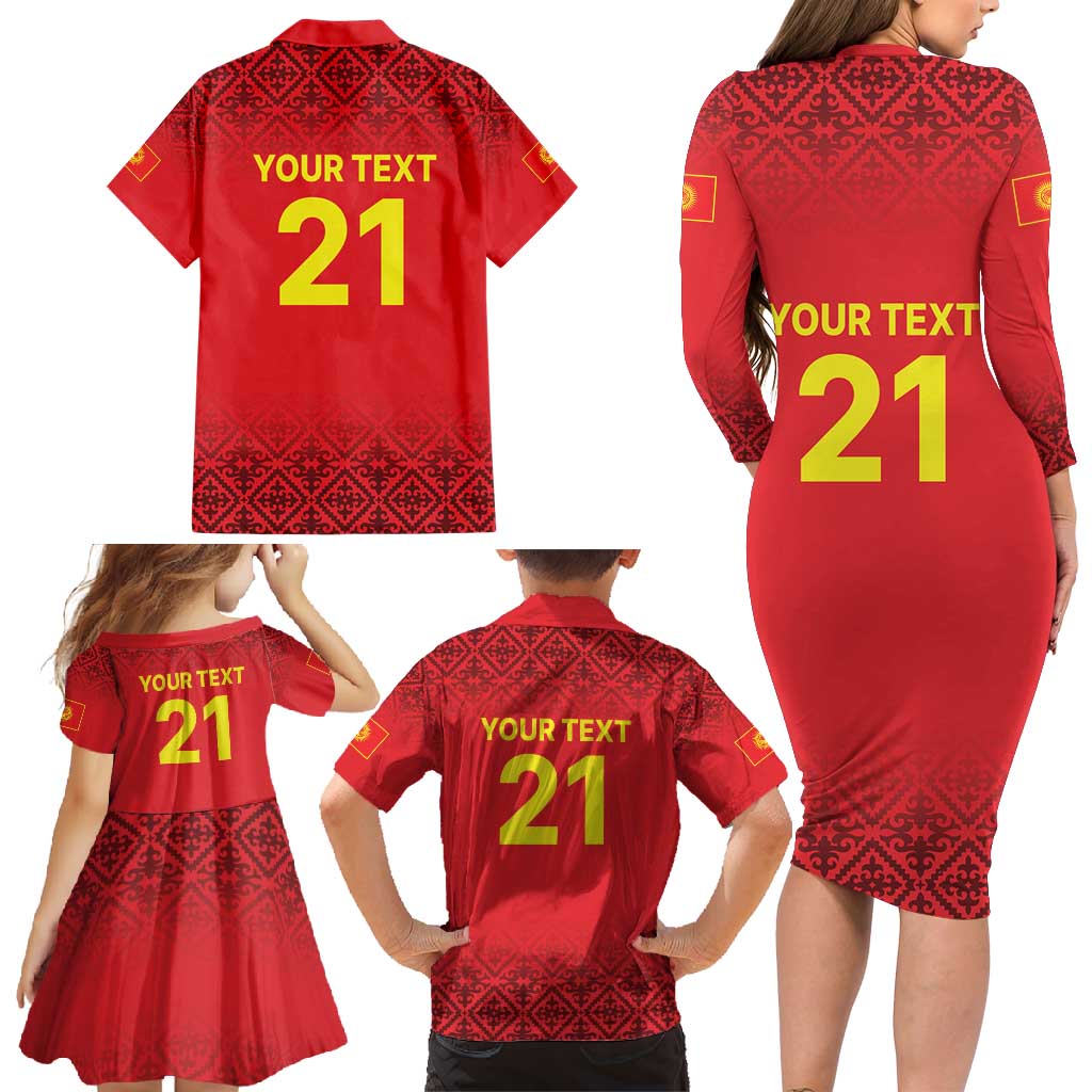 Kyrgyzstan Football Custom Family Matching Long Sleeve Bodycon Dress and Hawaiian Shirt Kazakh Pattern