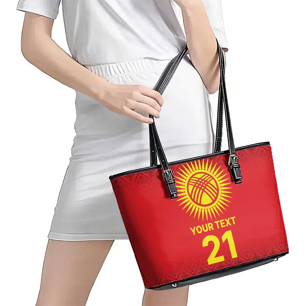 Kyrgyzstan Football Custom Leather Tote Bag Kazakh Pattern