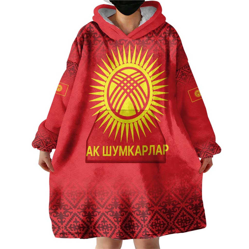 Kyrgyzstan Football Custom Wearable Blanket Hoodie Kazakh Pattern