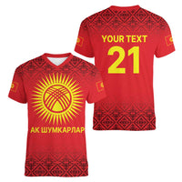 Kyrgyzstan Football Custom Women V-Neck T-Shirt Kazakh Pattern