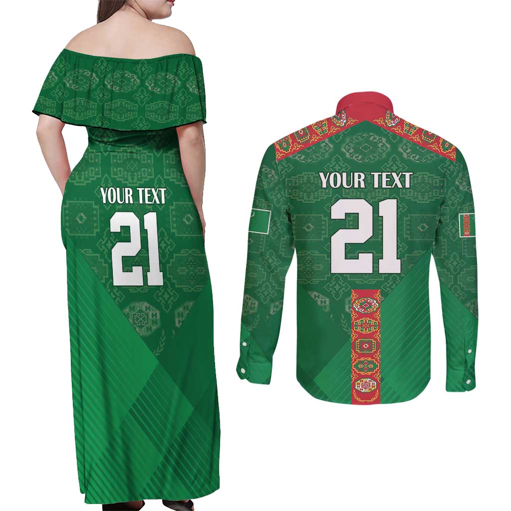 Turkmenistan Football Custom Couples Matching Off Shoulder Maxi Dress and Long Sleeve Button Shirt We Are The Champions