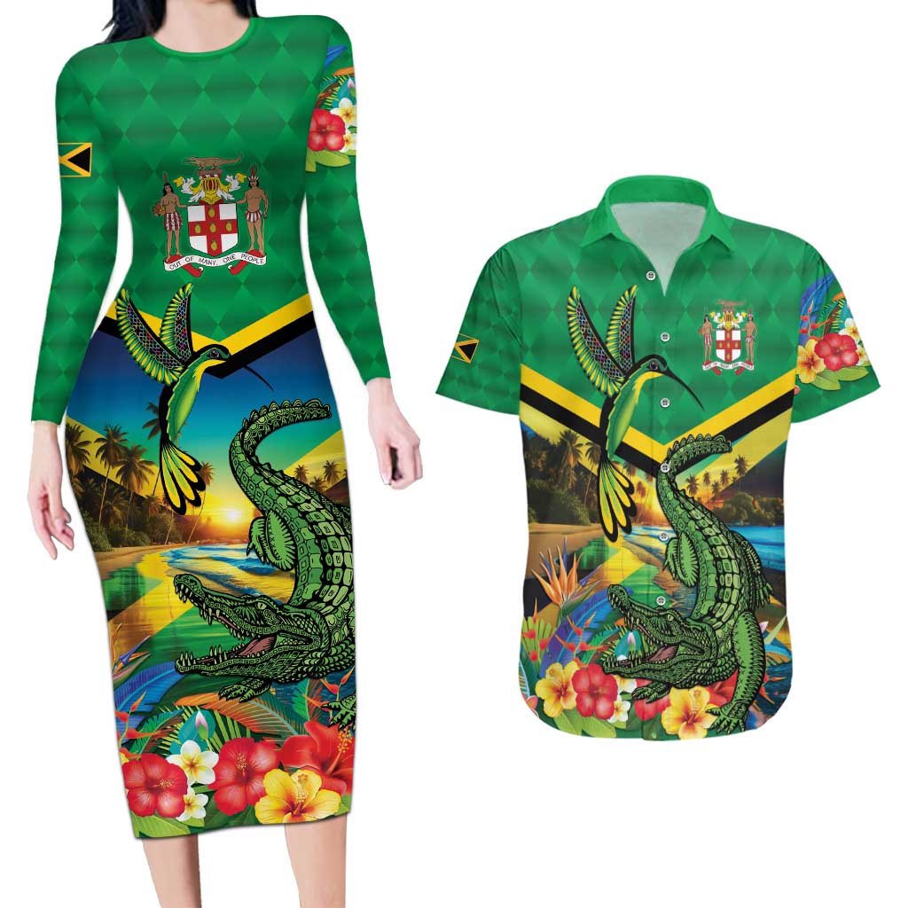 Jamica Hummingbird and Crocodiles Personalized Couples Matching Long Sleeve Bodycon Dress and Hawaiian Shirt