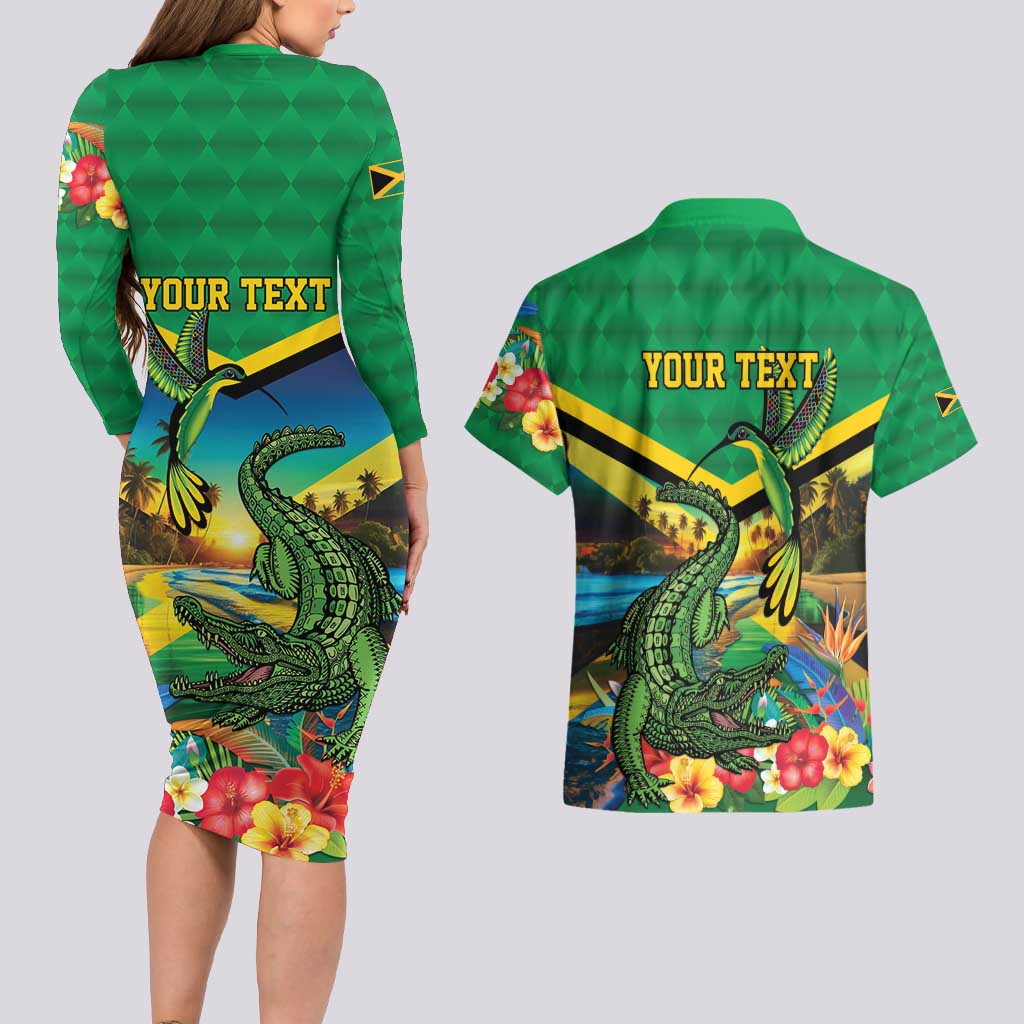 Jamica Hummingbird and Crocodiles Personalized Couples Matching Long Sleeve Bodycon Dress and Hawaiian Shirt