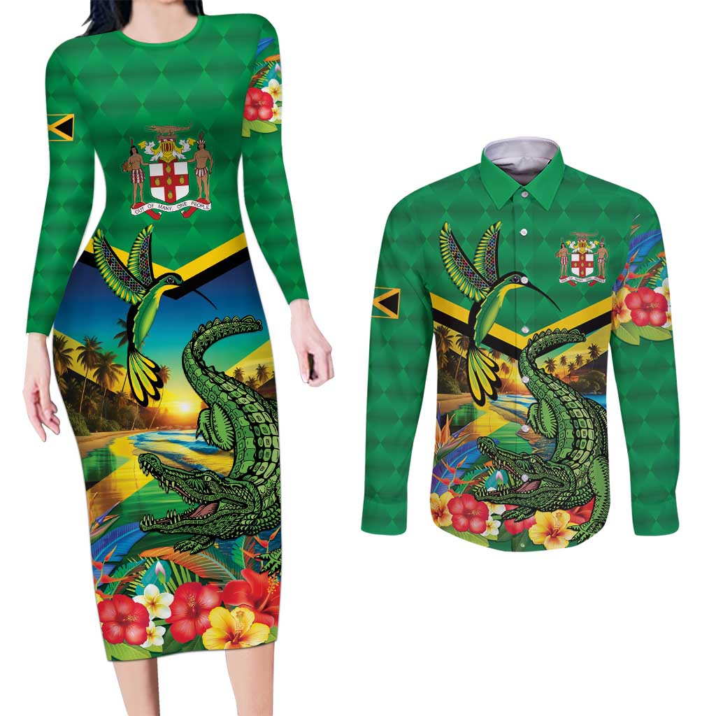 Jamica Hummingbird and Crocodiles Personalized Couples Matching Long Sleeve Bodycon Dress and Long Sleeve Button Shirt