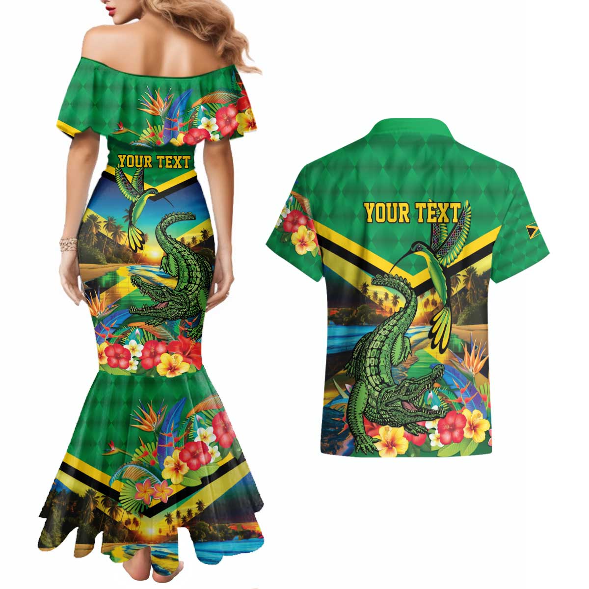 Jamica Hummingbird and Crocodiles Personalized Couples Matching Mermaid Dress and Hawaiian Shirt