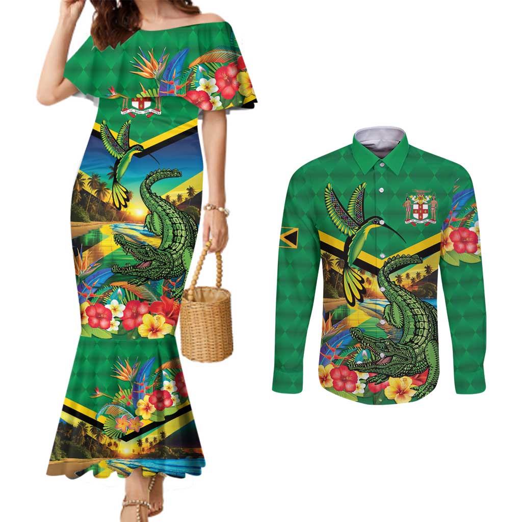 Jamica Hummingbird and Crocodiles Personalized Couples Matching Mermaid Dress and Long Sleeve Button Shirt