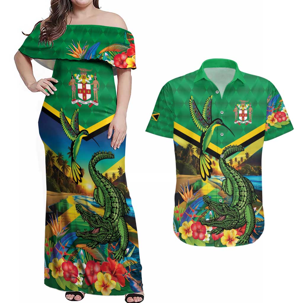 Jamica Hummingbird and Crocodiles Personalized Couples Matching Off Shoulder Maxi Dress and Hawaiian Shirt