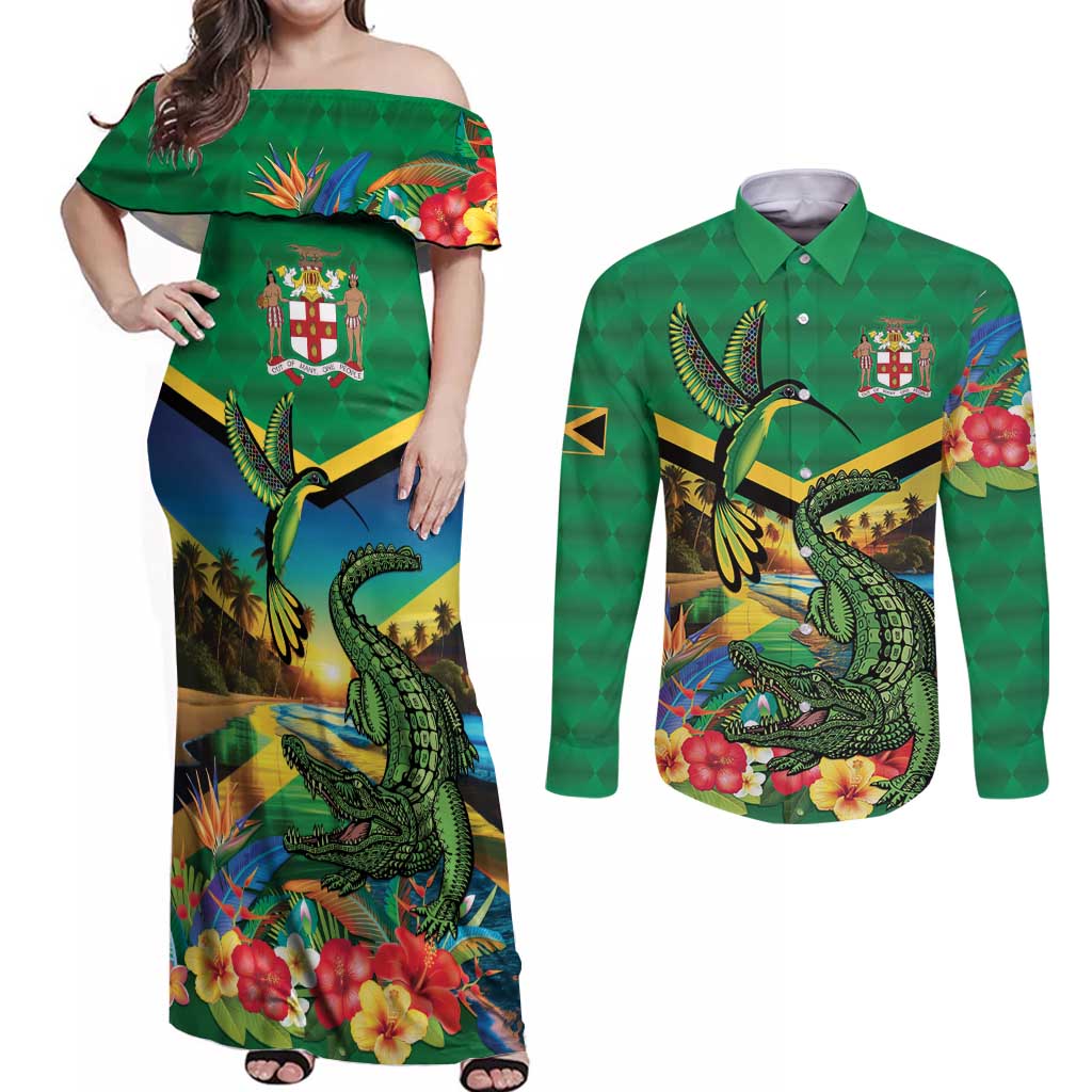 Jamica Hummingbird and Crocodiles Personalized Couples Matching Off Shoulder Maxi Dress and Long Sleeve Button Shirt