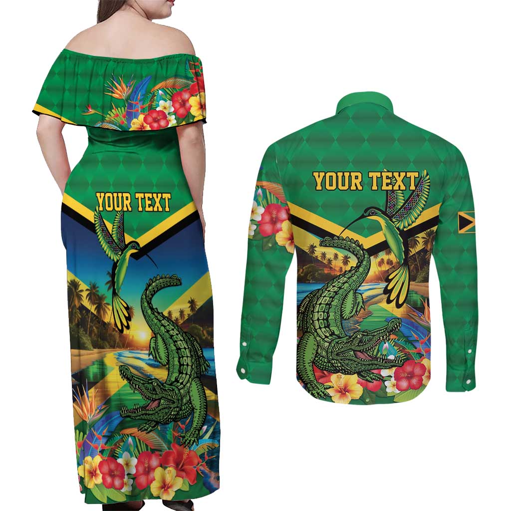 Jamica Hummingbird and Crocodiles Personalized Couples Matching Off Shoulder Maxi Dress and Long Sleeve Button Shirt