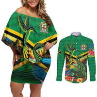 Jamica Hummingbird and Crocodiles Personalized Couples Matching Off Shoulder Short Dress and Long Sleeve Button Shirt