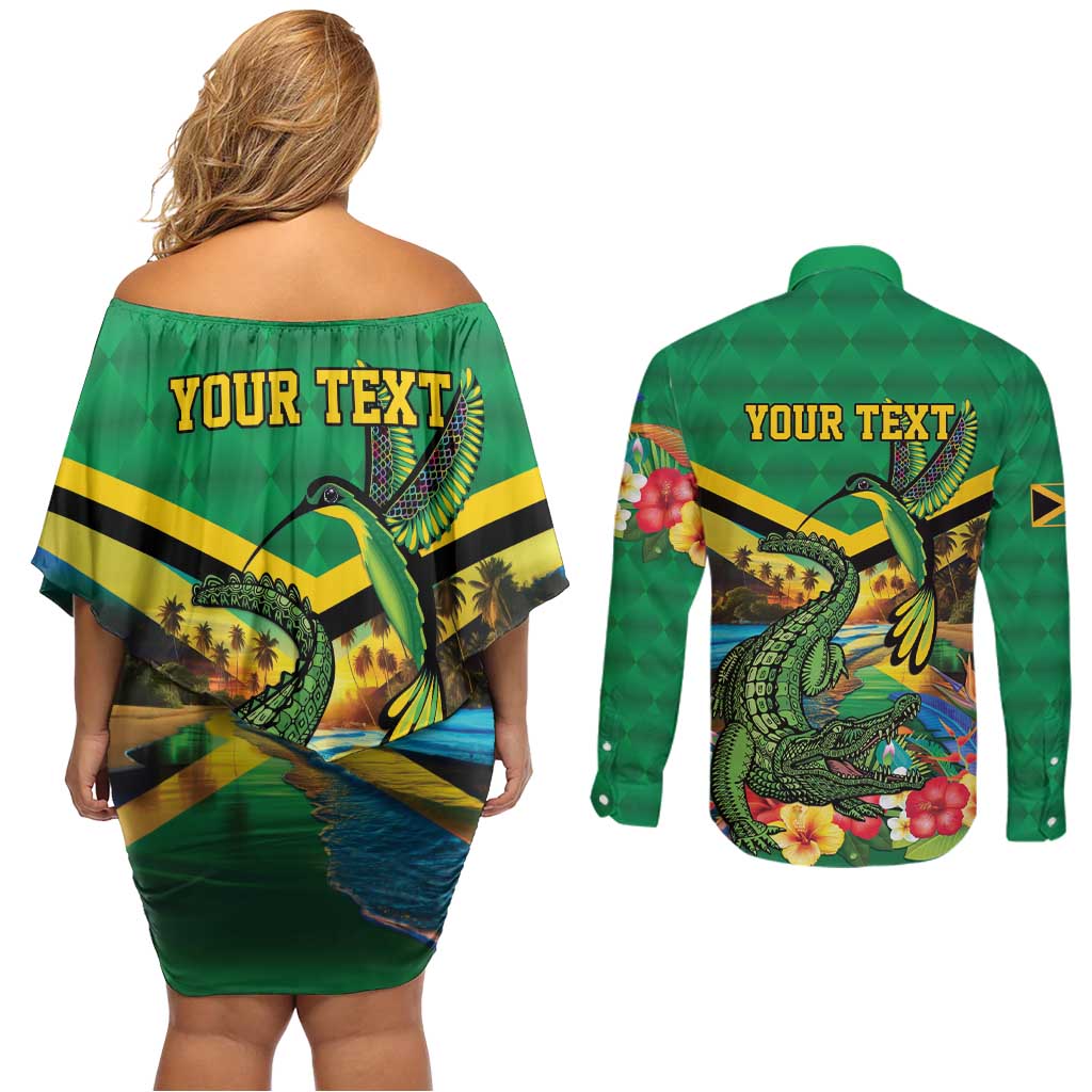 Jamica Hummingbird and Crocodiles Personalized Couples Matching Off Shoulder Short Dress and Long Sleeve Button Shirt