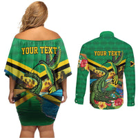 Jamica Hummingbird and Crocodiles Personalized Couples Matching Off Shoulder Short Dress and Long Sleeve Button Shirt